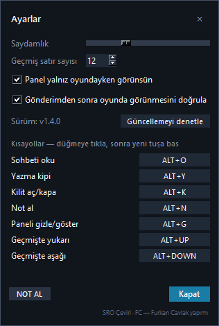 Kısayol listesi bulunan SRO Çeviri ayarlar penceresi