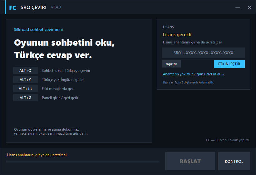 Lisans kartı bulunan SRO Çeviri başlatıcı ana sayfası