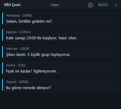 SRO Çeviri panelinde beş çevrilmiş sohbet satırı
